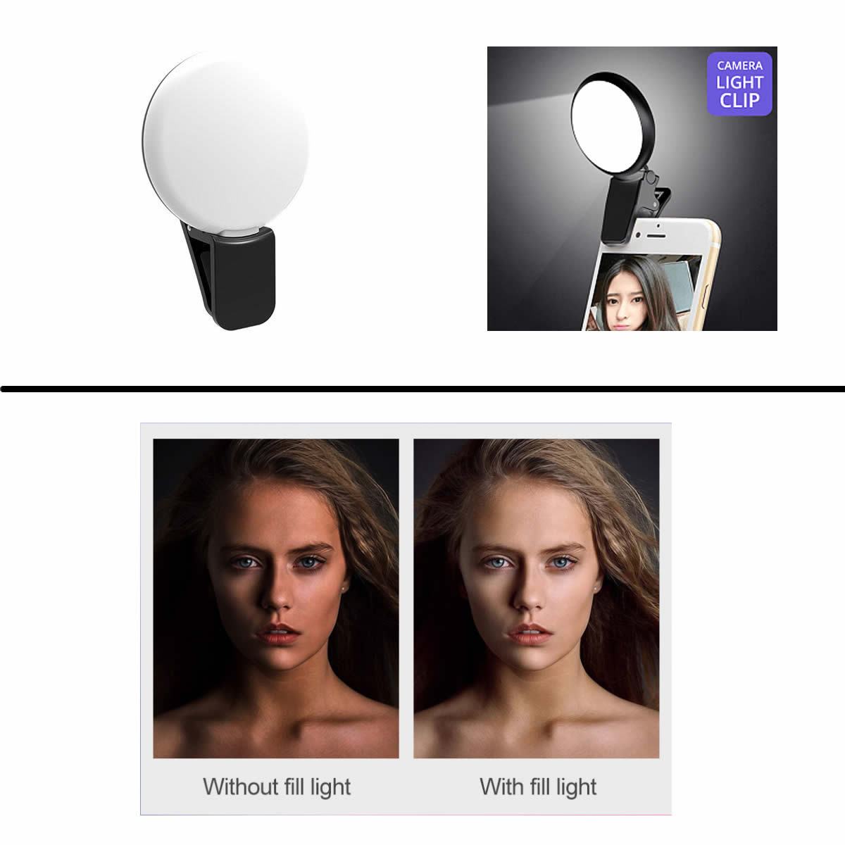 Clip-on selfie ring light with before and after fill light photos