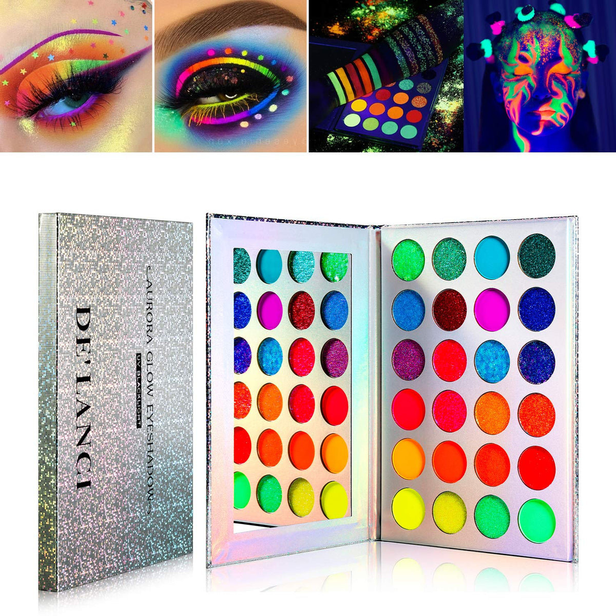 24-color neon glow eyeshadow palette with mirror and example eye looks under blacklight