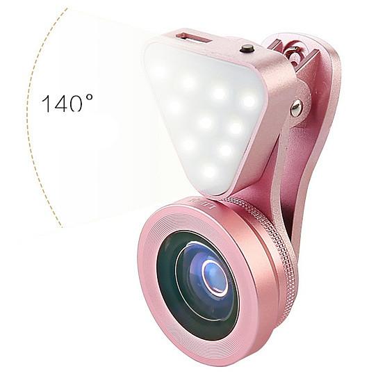Rose gold selfie lens with LED light and 140-degree wide angle