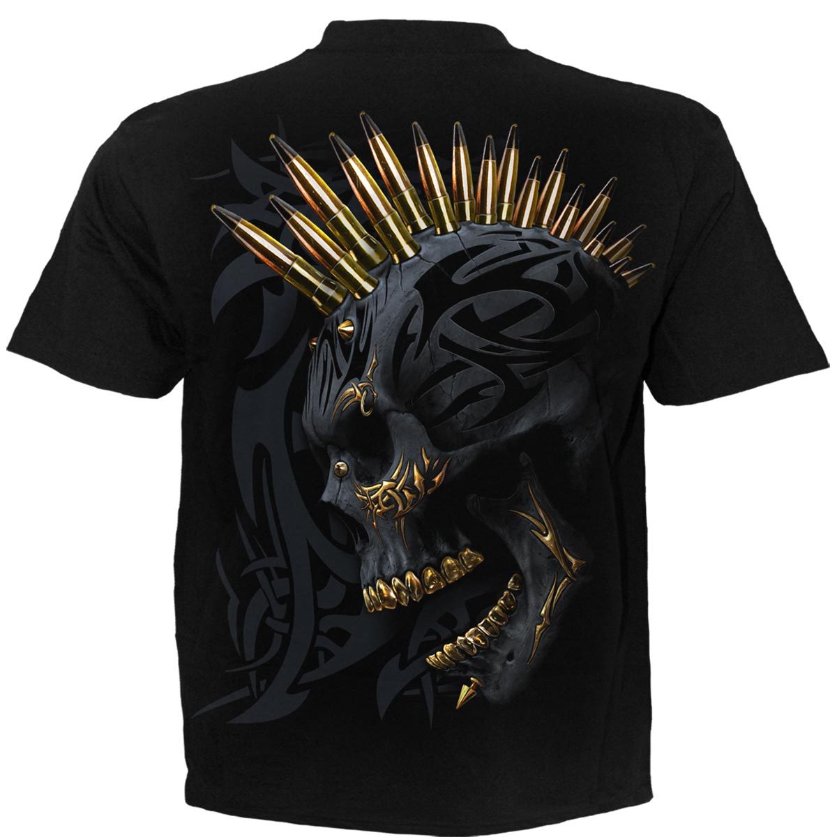Back print of the tribal skull tee: black skull with a gold spiked mohawk