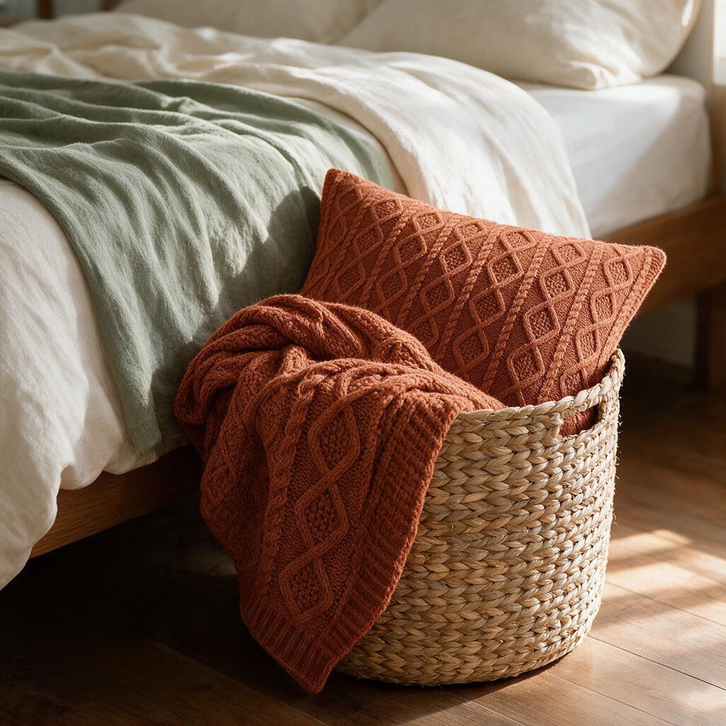 Rust cable knit throw and matching pillow in a woven seagrass basket at the foot of a bed