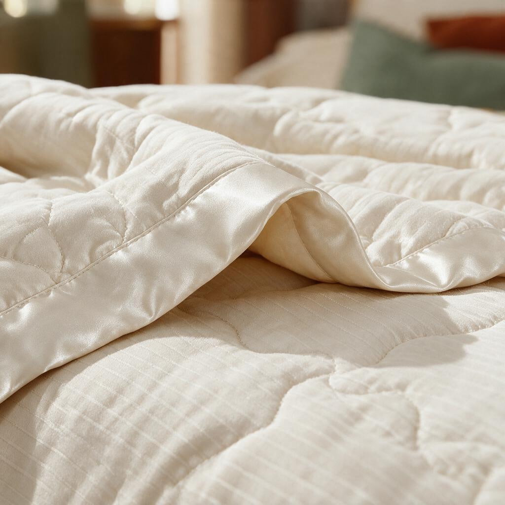 Close-up of the wavy quilting and ivory satin trim edge on the down alternative blanket