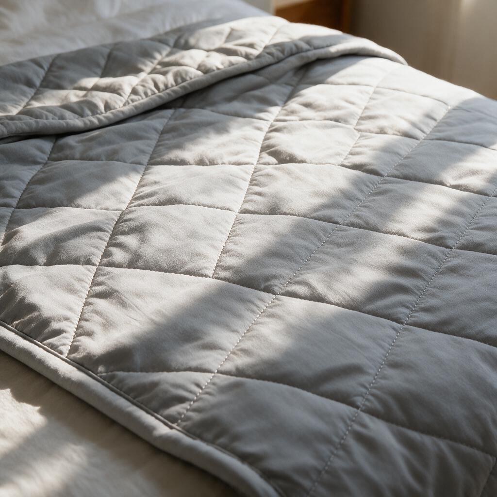 Close-up of the diamond quilting stitches on the grey microfiber side of the reversible blanket