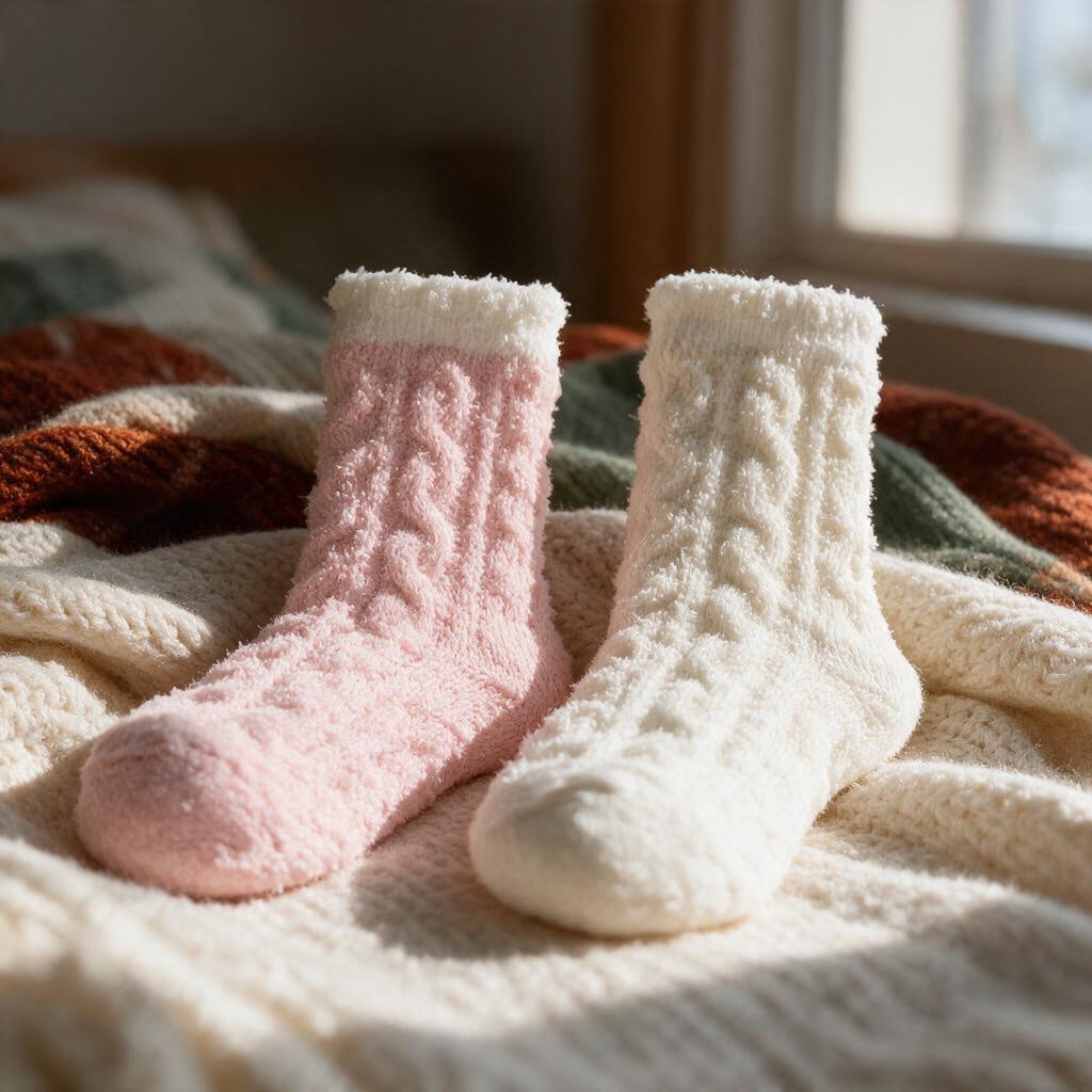 Close-up of pink and cream fuzzy cable-texture slipper socks with fluffy cuffs on a knit blanket