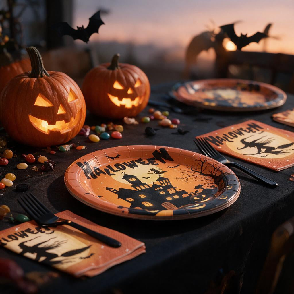Halloween party plates, napkins and black forks on a party table with jack-o-lanterns