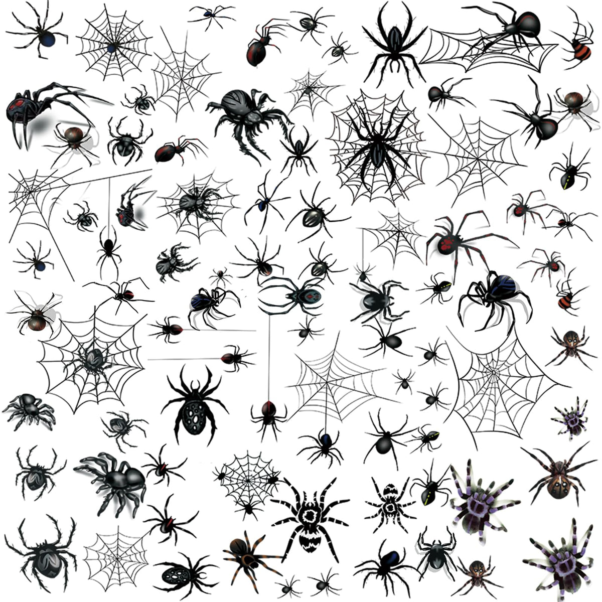 Sheet of black spider and spider web temporary tattoos on white