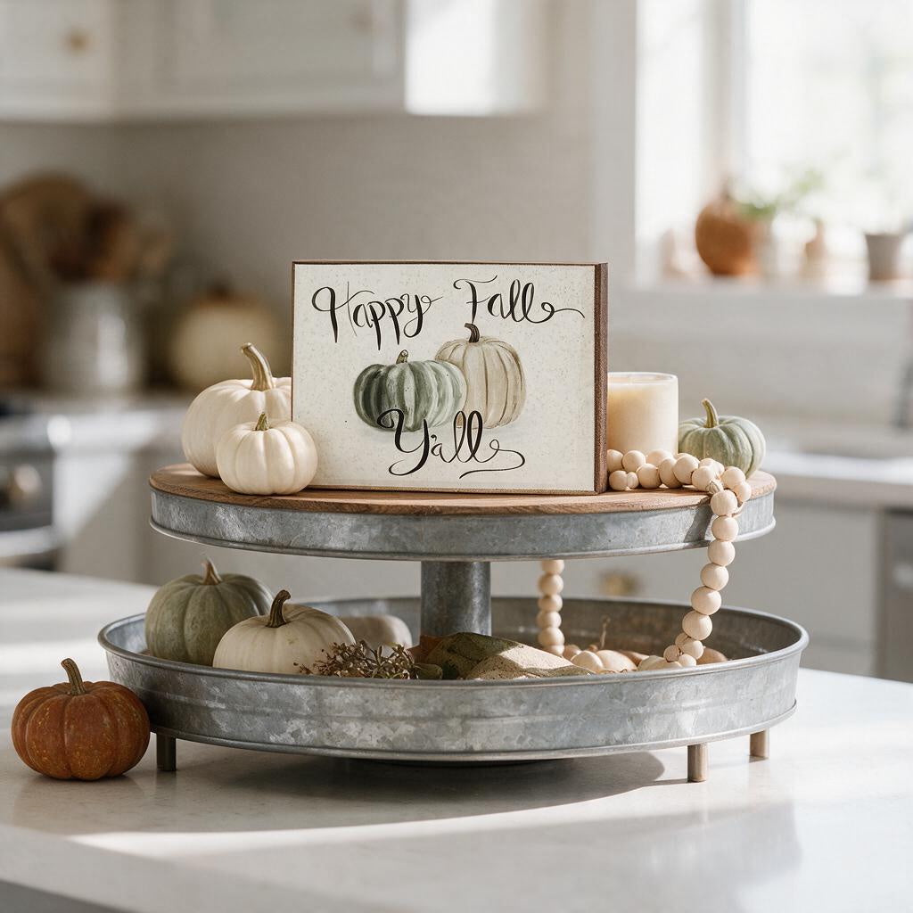 Happy Fall Y'all sign with pastel pumpkins styled on a galvanized tiered tray with white pumpkins and a wood bead garland