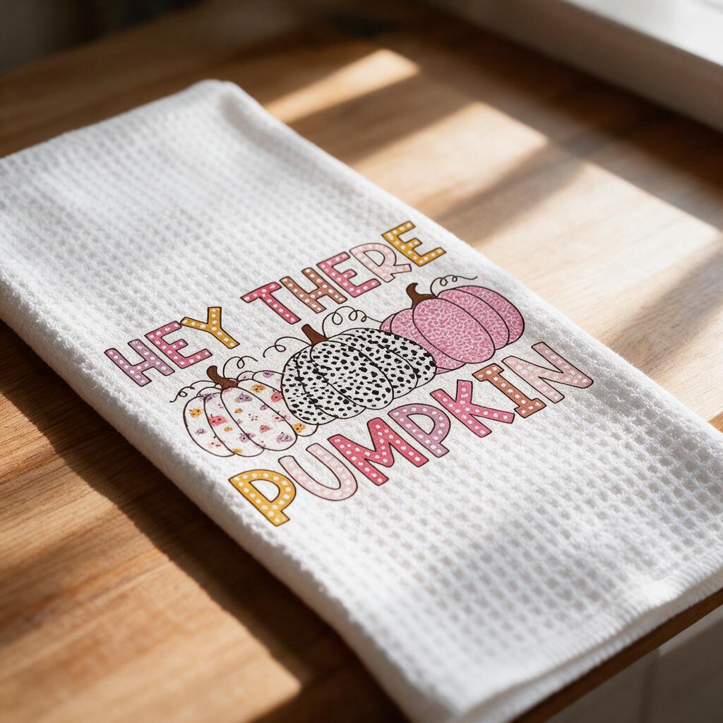 Close-up of the Hey There Pumpkin print with floral, leopard and pink pumpkins on white waffle weave