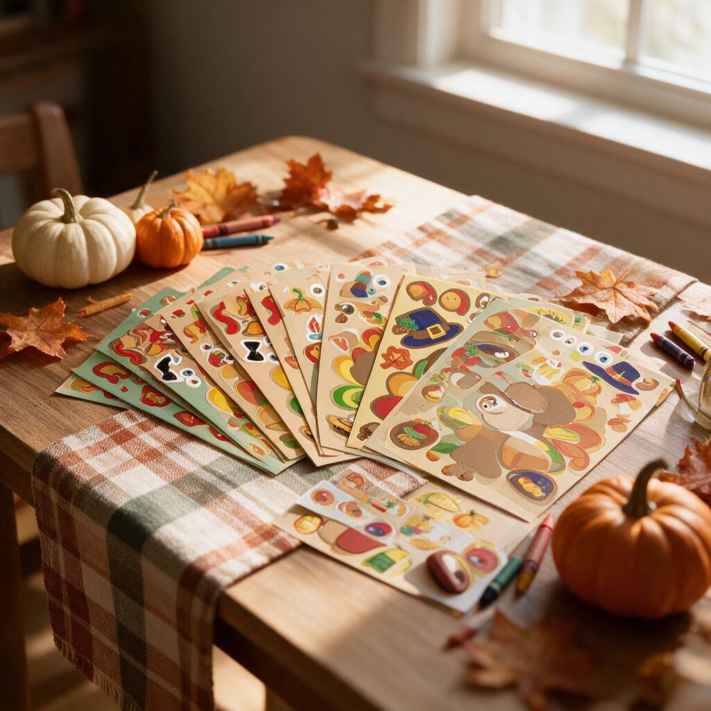 Make-a-turkey Thanksgiving sticker sheets on a kids craft table with crayons and pumpkins