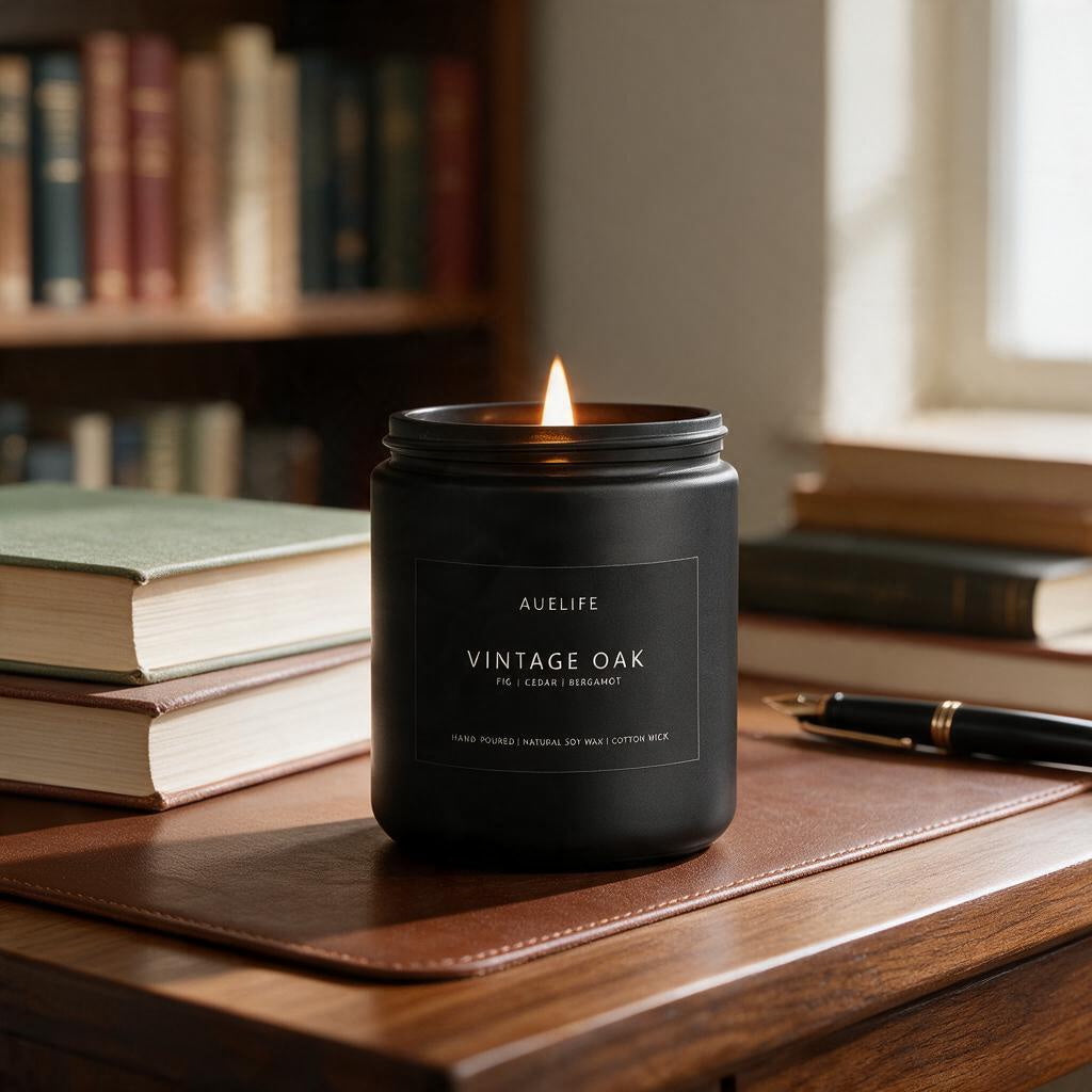 Lit Vintage Oak black jar candle on a leather desk pad in a study with books and a fountain pen