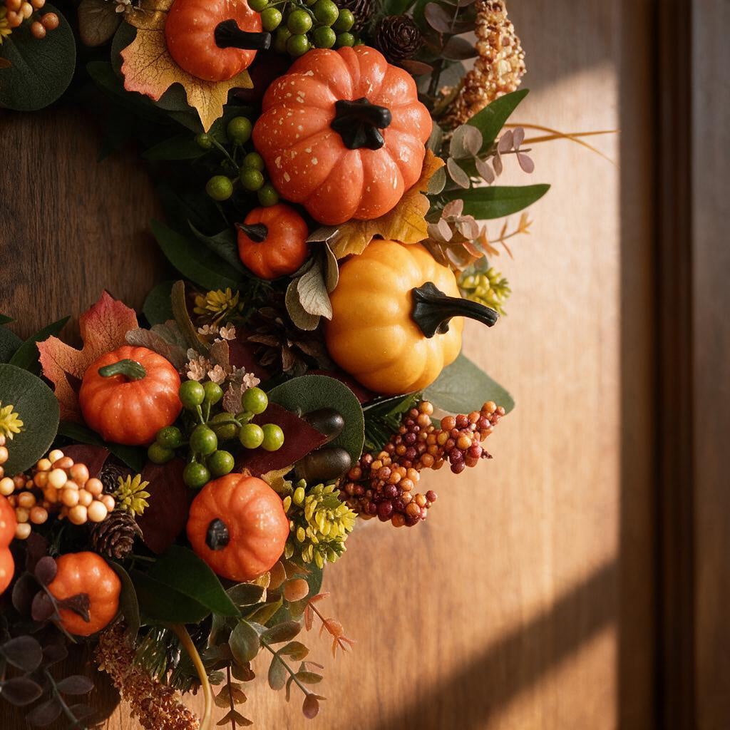 Close-up of the orange and gold faux pumpkins, berries and autumn leaves on the harvest wreath