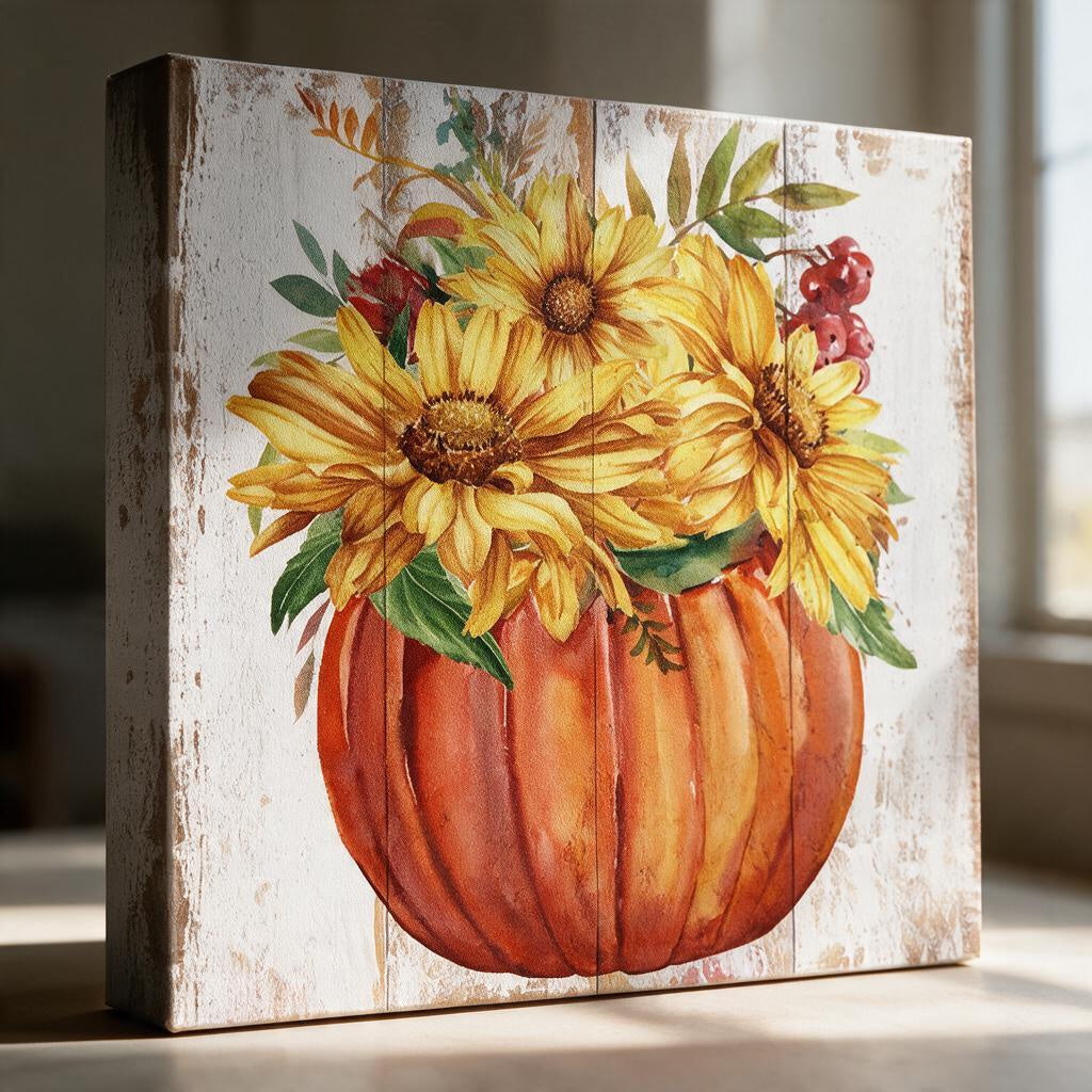 Close-up of one canvas panel with yellow sunflowers in an orange pumpkin on a white-washed wood-grain print