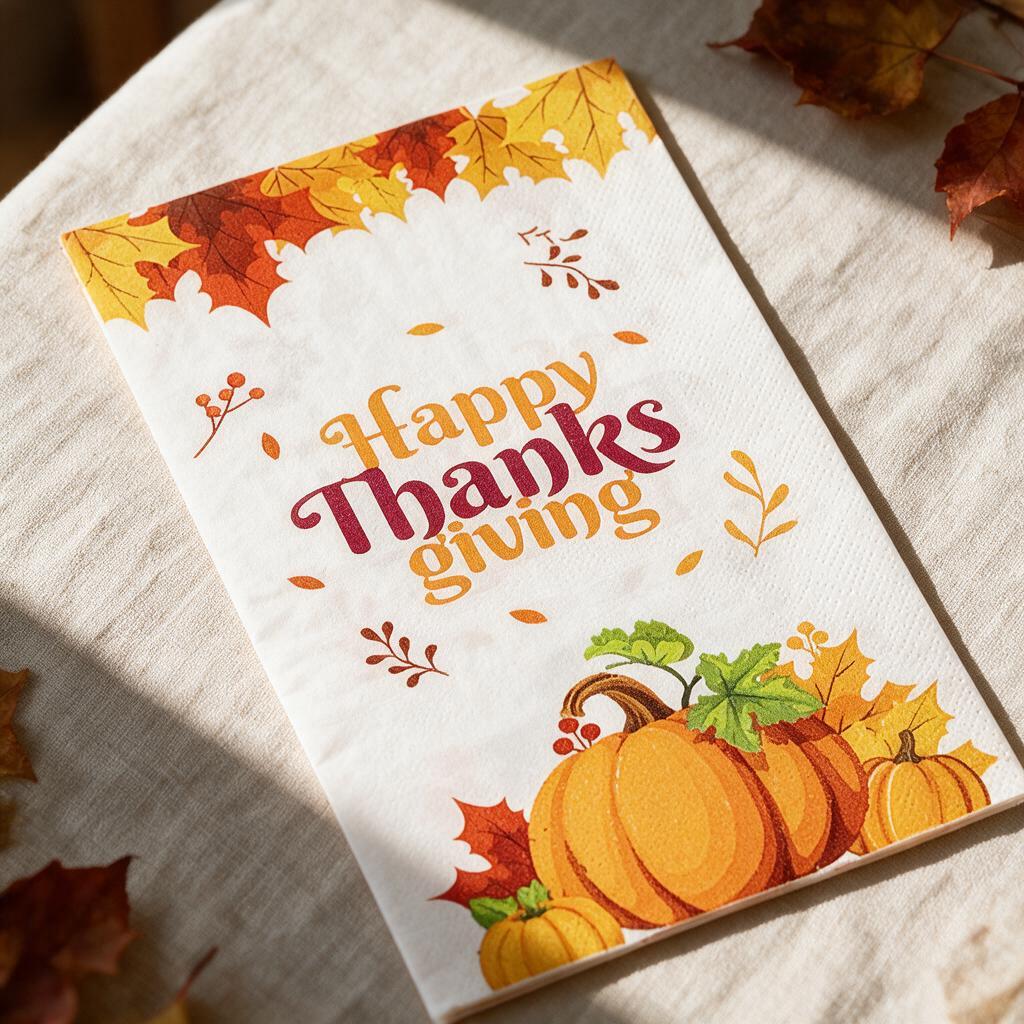 Close-up of the Happy Thanksgiving napkin print with orange pumpkins and autumn leaves on a linen tablecloth
