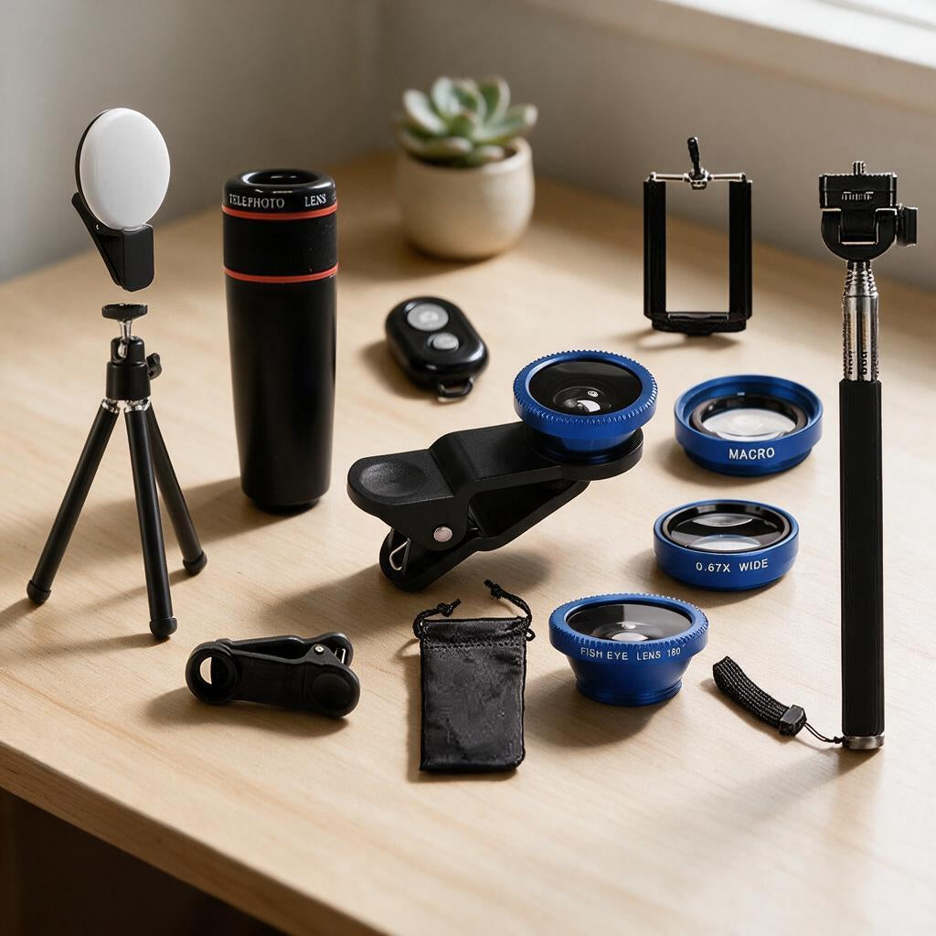 Smartphone camera lens kit with telephoto, macro, wide and fisheye lenses, tripod, ring light and selfie stick on a desk