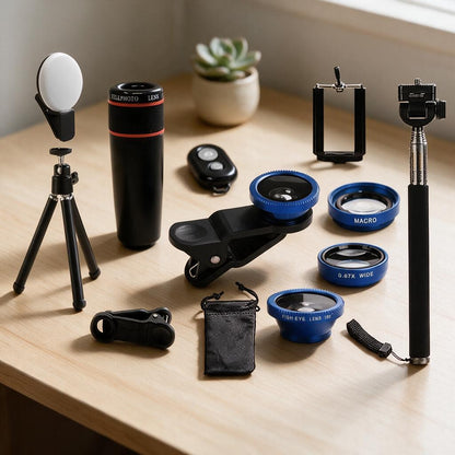 Smartphone camera lens kit with telephoto, macro, wide and fisheye lenses, tripod, ring light and selfie stick on a desk