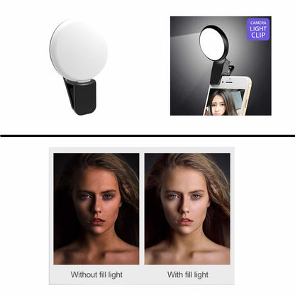 Clip-on selfie ring light with before and after fill light photos