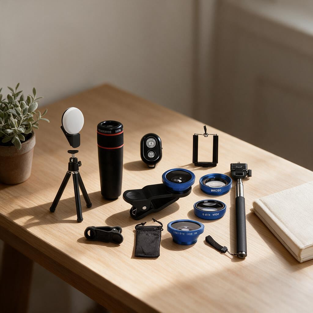 Smartphone camera lens kit with zoom lens, clip lenses, tripod, selfie stick and remote on a wooden desk