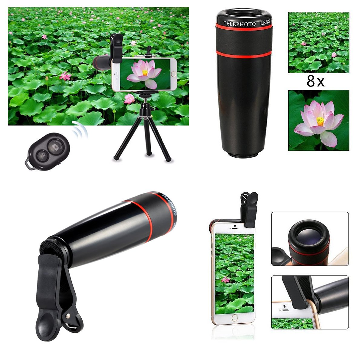 Smartphone lens kit with 8x telephoto lens, tripod and Bluetooth remote
