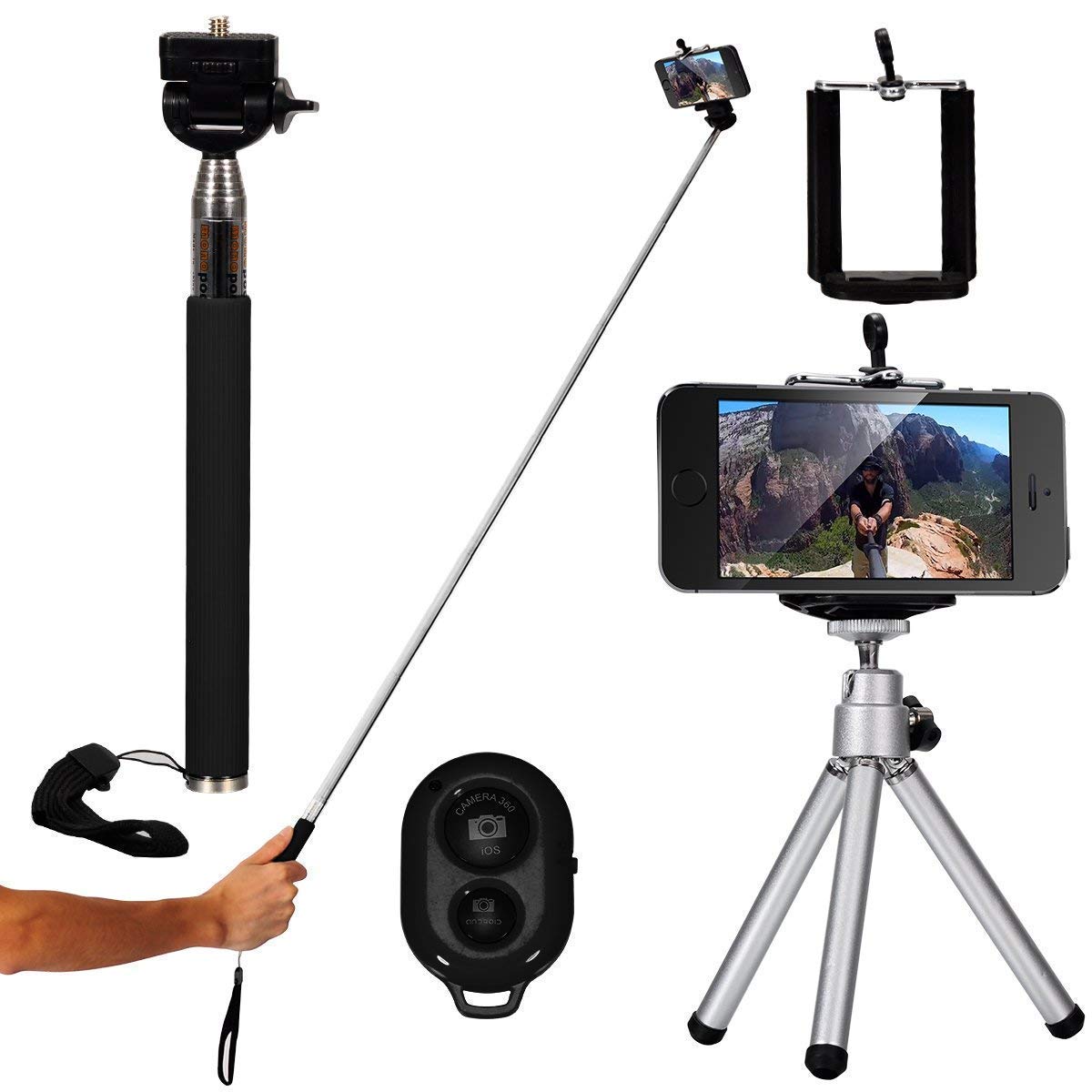 Selfie stick, mini tripod, phone holder and Bluetooth remote