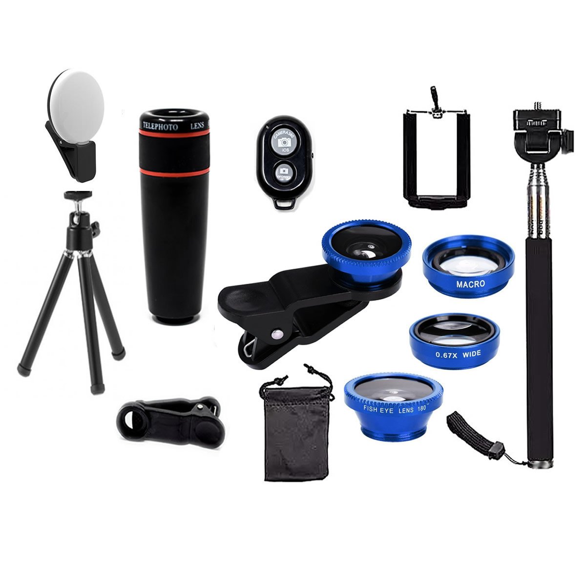 11-in-1 phone lens kit: telephoto, fisheye, wide, macro, tripod, selfie stick and ring light