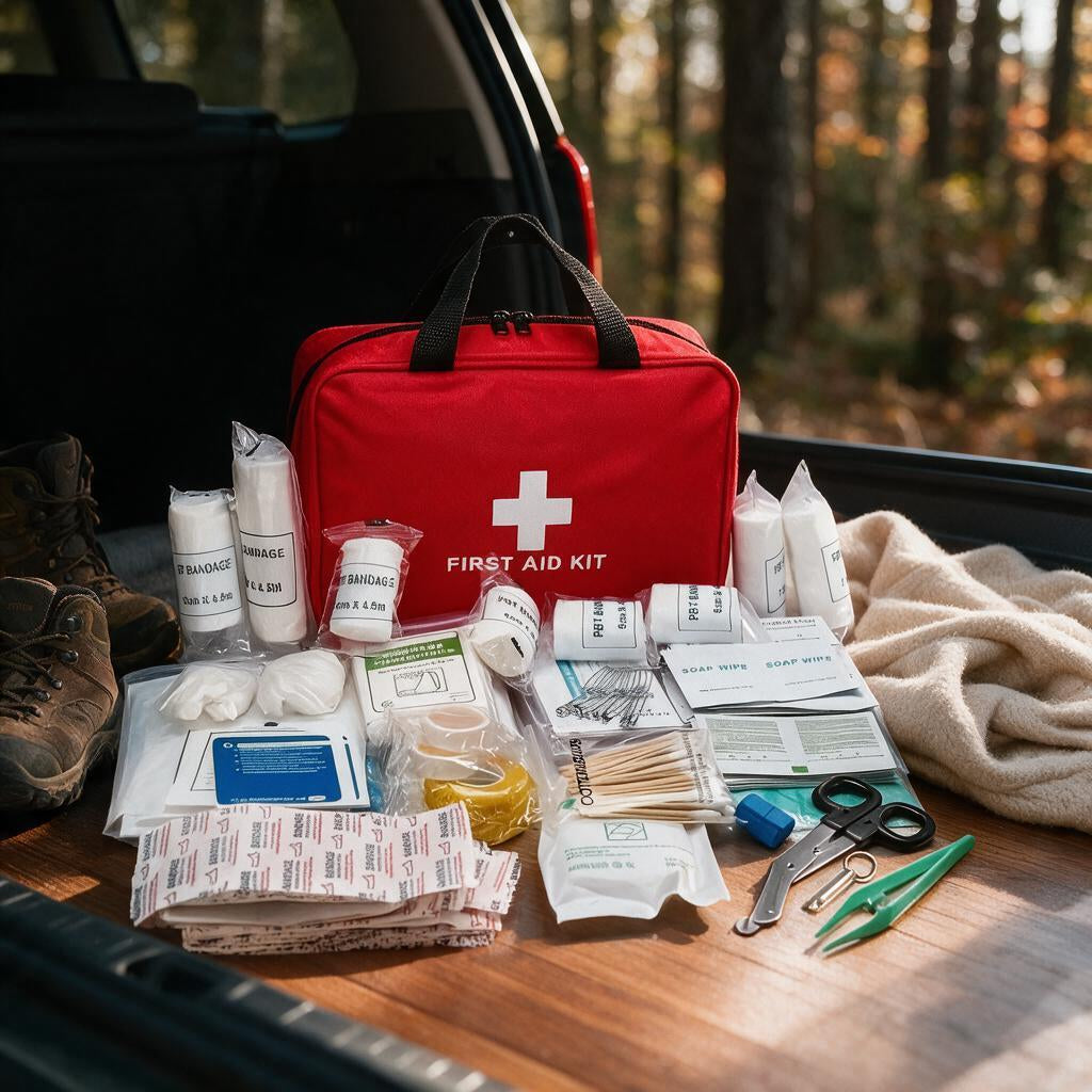 Red first aid kit bag with supplies in a car trunk beside hiking boots and a blanket