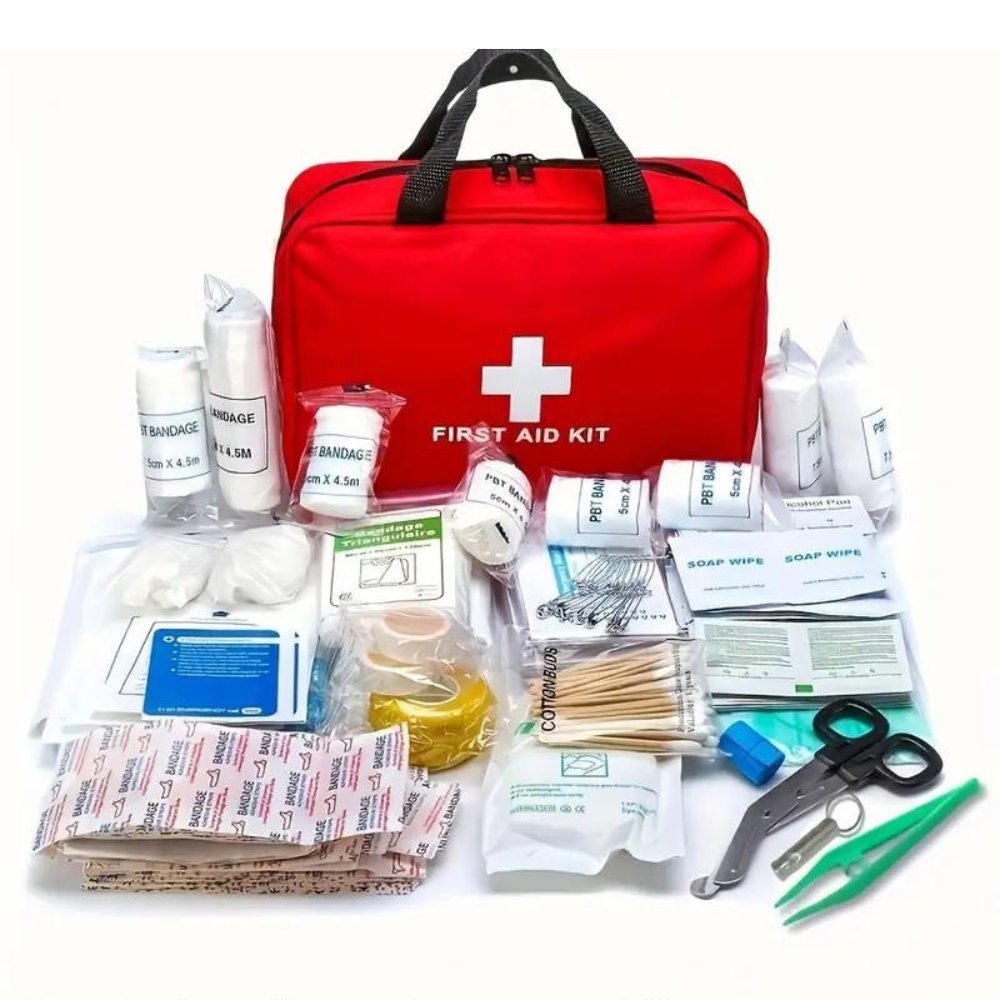 Red 173-piece first aid kit bag with bandages, scissors and supplies