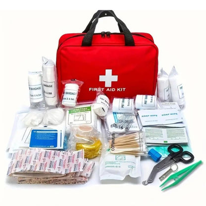 Red 173-piece first aid kit bag with bandages, scissors and supplies