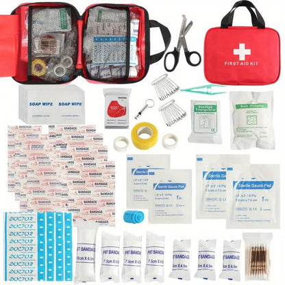First aid kit contents: bandages, wipes, gauze, tape and tools