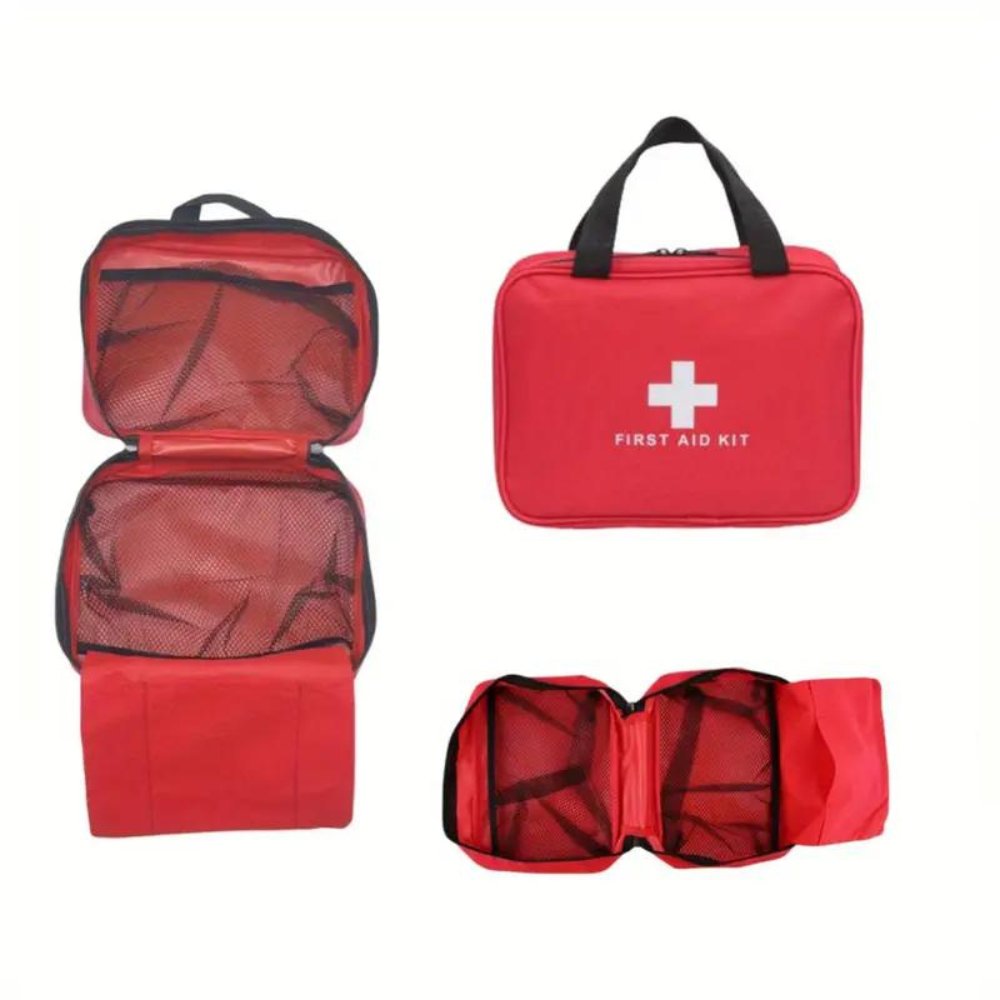 Red first aid kit bag open, closed and unzipped