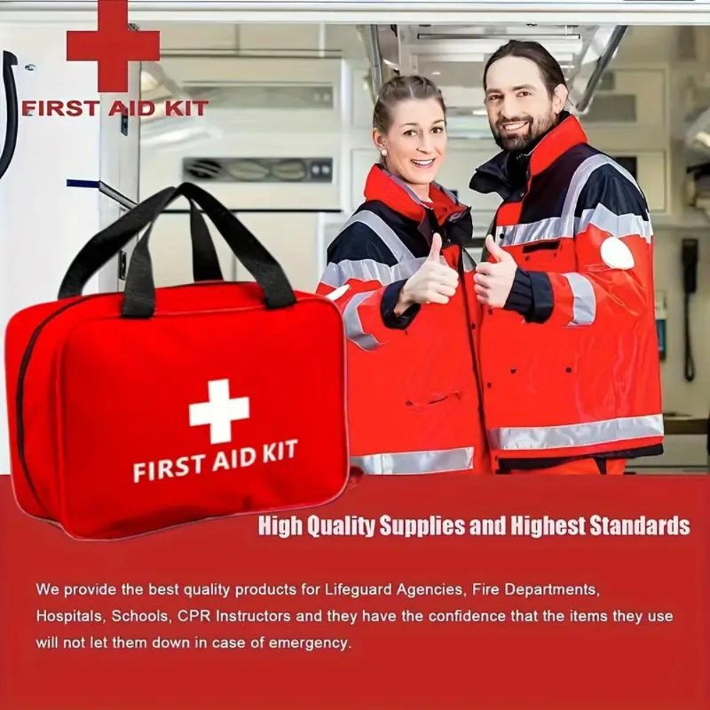 Red first aid kit with two paramedics