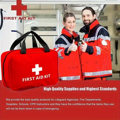 Red first aid kit with two paramedics
