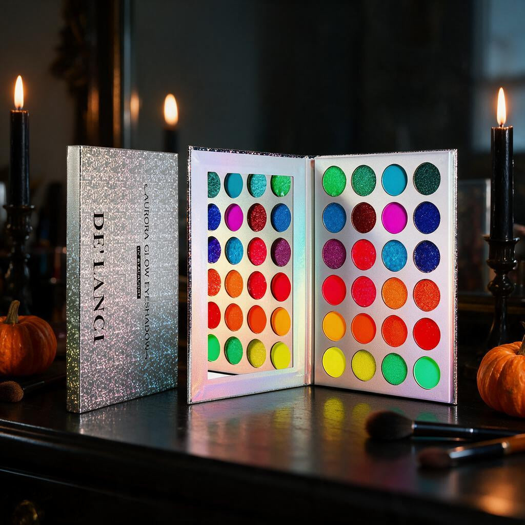 24-color neon glow eyeshadow palette open on a Halloween vanity with candles and pumpkins