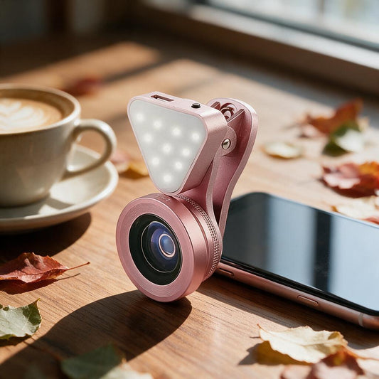 Rose gold clip-on selfie lens with LED fill light on a cafe table beside a phone