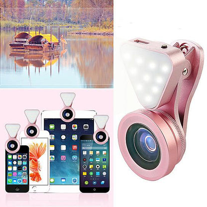 Rose gold clip-on selfie lens with LED fill light on phones and tablets