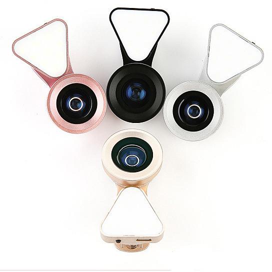 Selfie lens with LED ring light in rose gold, black, silver and gold