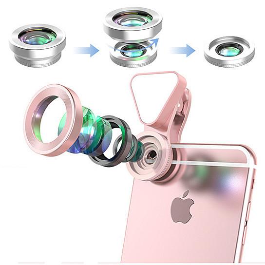 Exploded view of the clip-on wide angle and macro lens layers