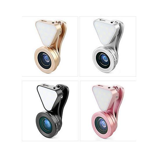 Selfie lens with LED light in gold, silver, black and rose gold