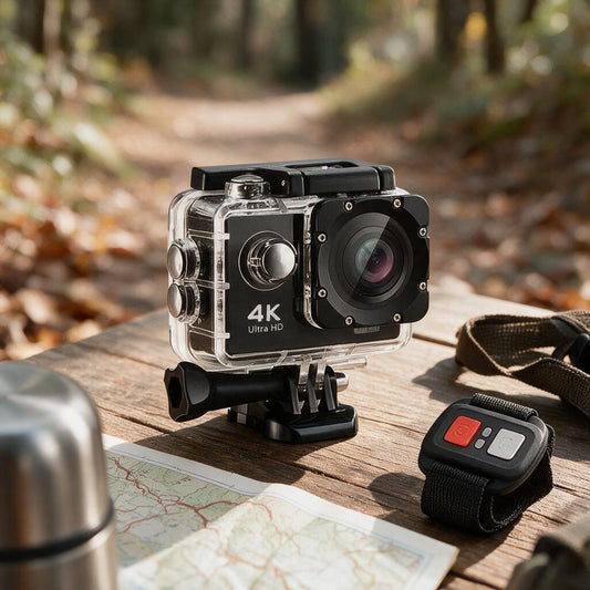 4K action camera in its waterproof case with wrist remote on a trail table with a map