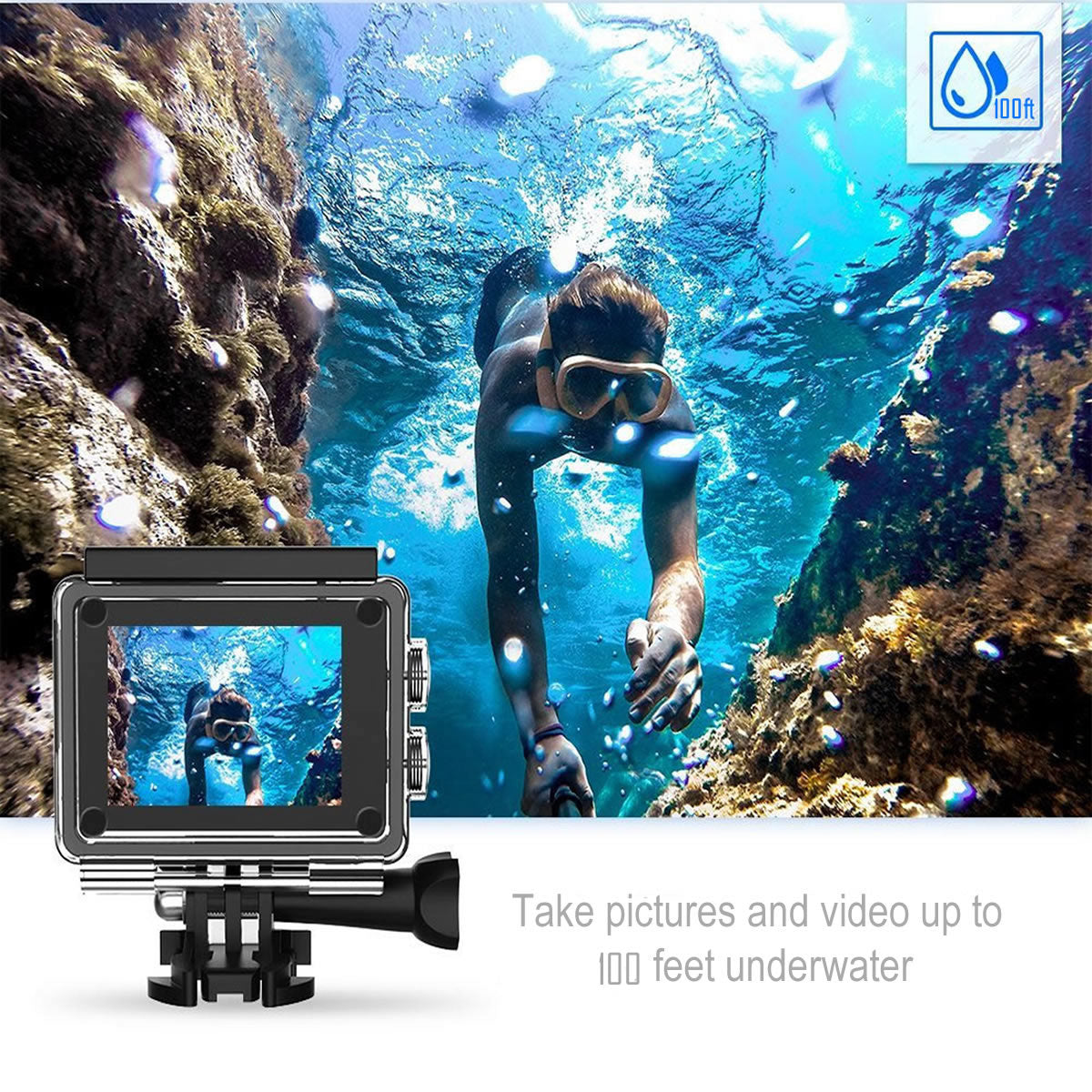 Action camera in a waterproof case filming a diver up to 100 feet underwater