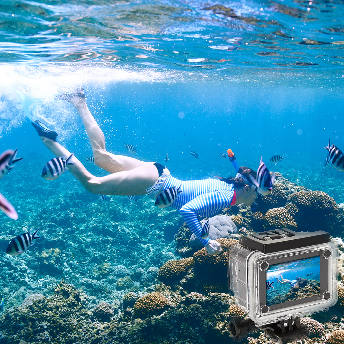 Action camera filming a snorkeler over a coral reef