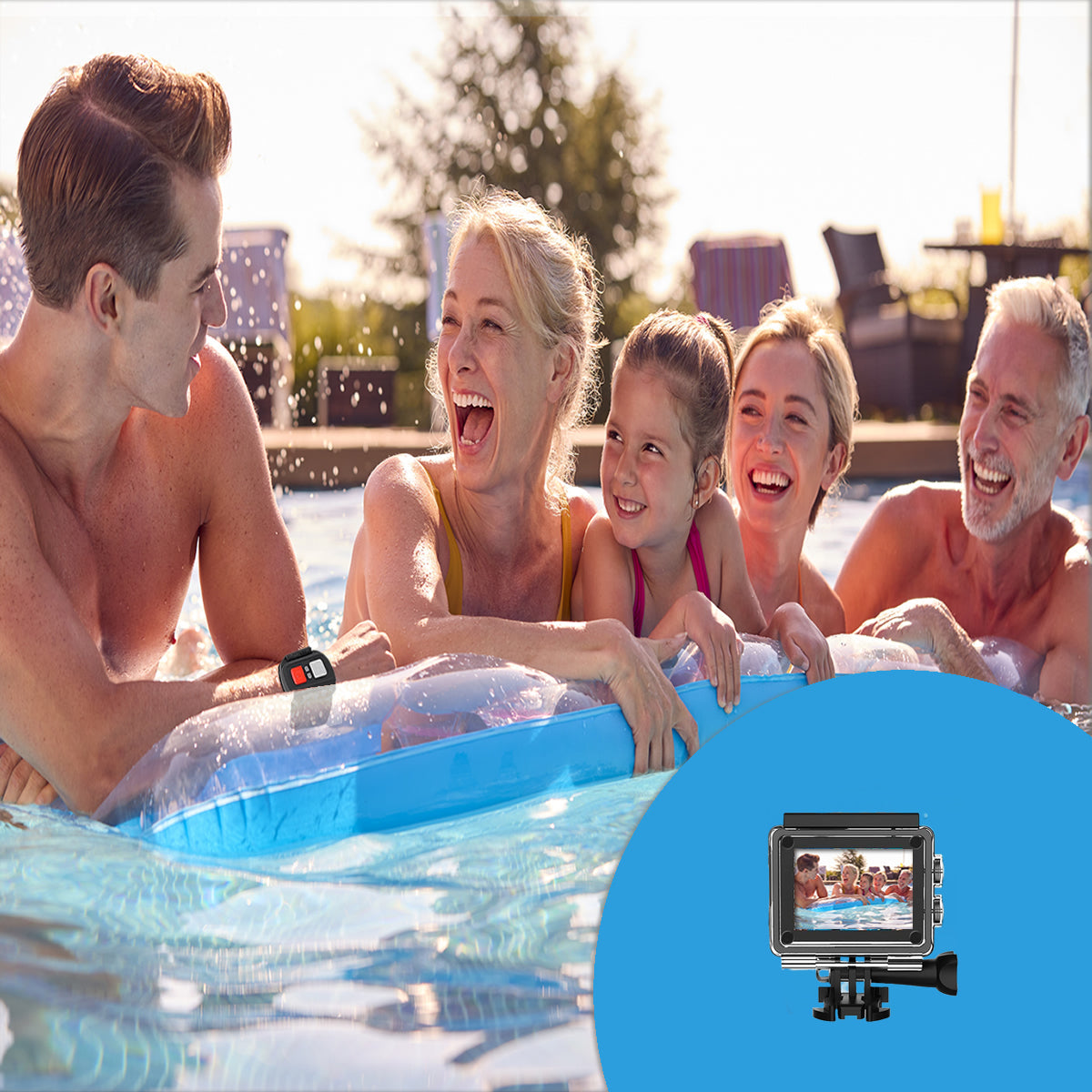 Family in a pool with the waterproof action camera