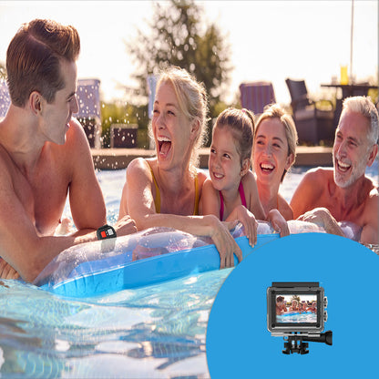 Family in a pool with the waterproof action camera