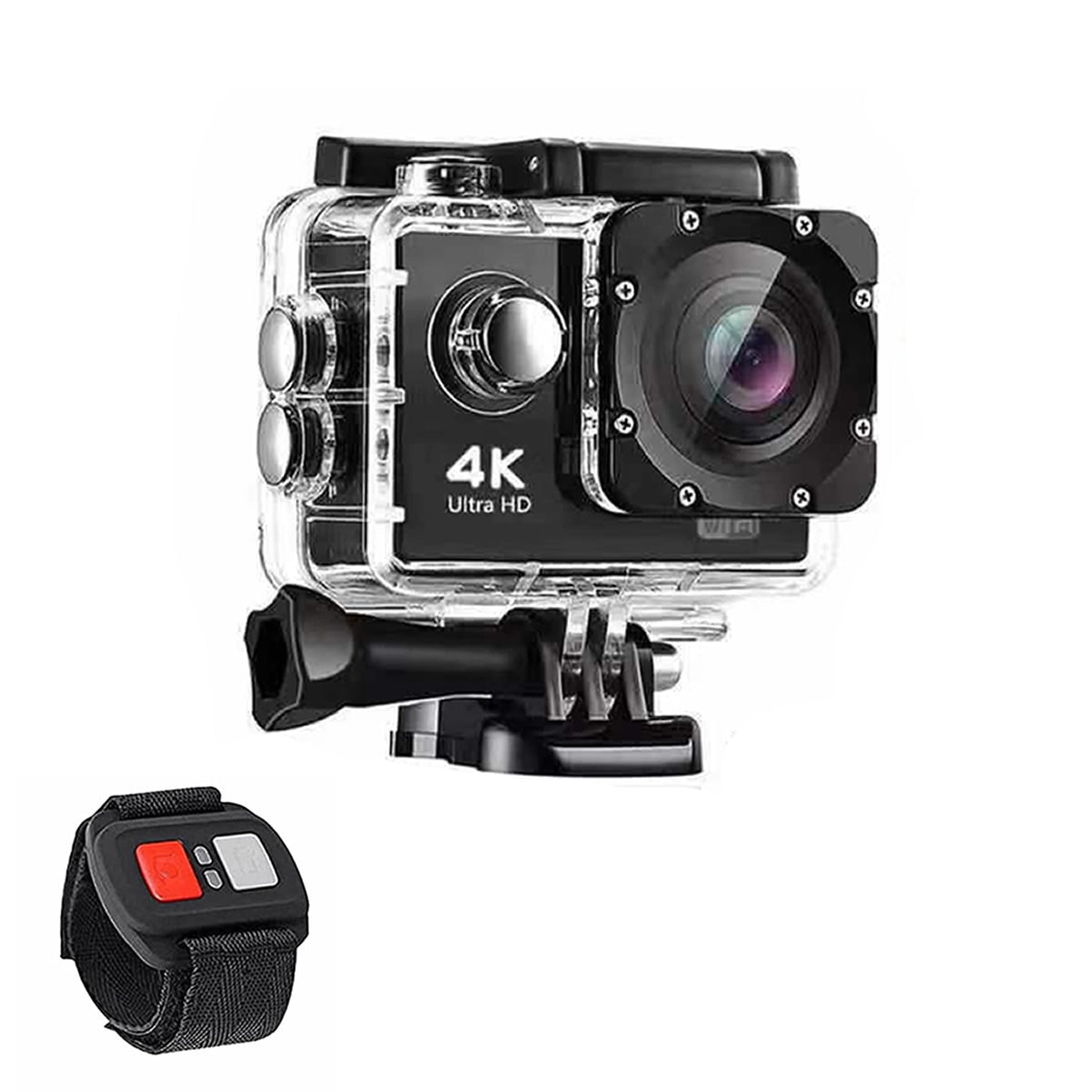 Black 4K action camera in its clear waterproof case with remote