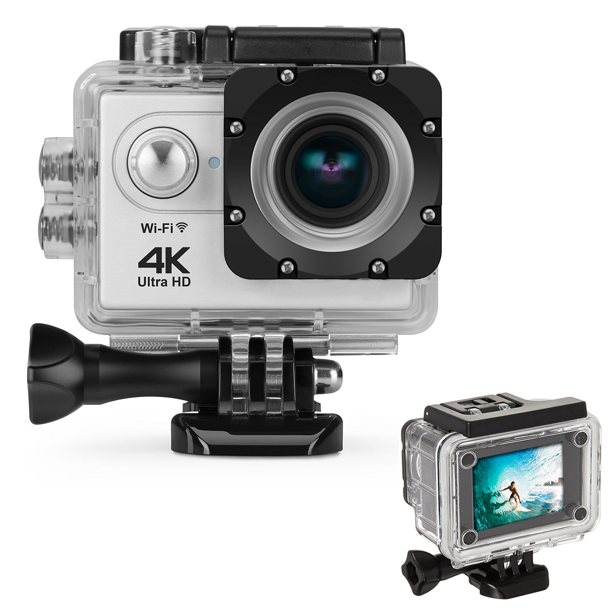 Silver 4K WiFi action camera with its waterproof case