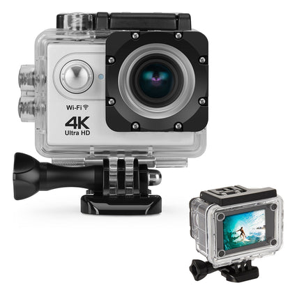 Silver 4K WiFi action camera with its waterproof case