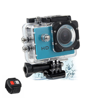 Blue HD action camera in a waterproof case with remote