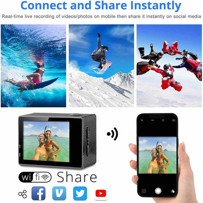 Action camera WiFi sharing of surf, snow and skydiving videos