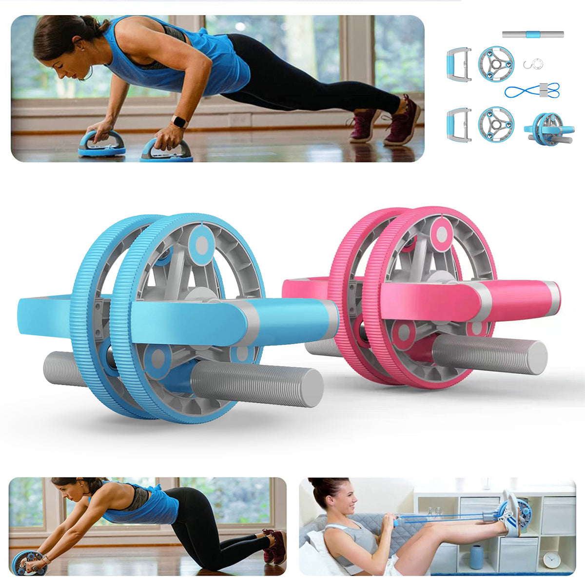 5-in-1 ab wheel set in blue and pink with push-up bars and resistance bands