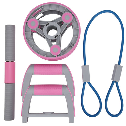 Pink ab wheel set pieces: roller, handles, knee pad and resistance band