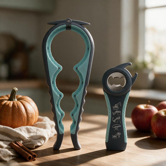 Jar opener and 5-in-1 bottle opener on a wooden kitchen counter with a pumpkin and apples
